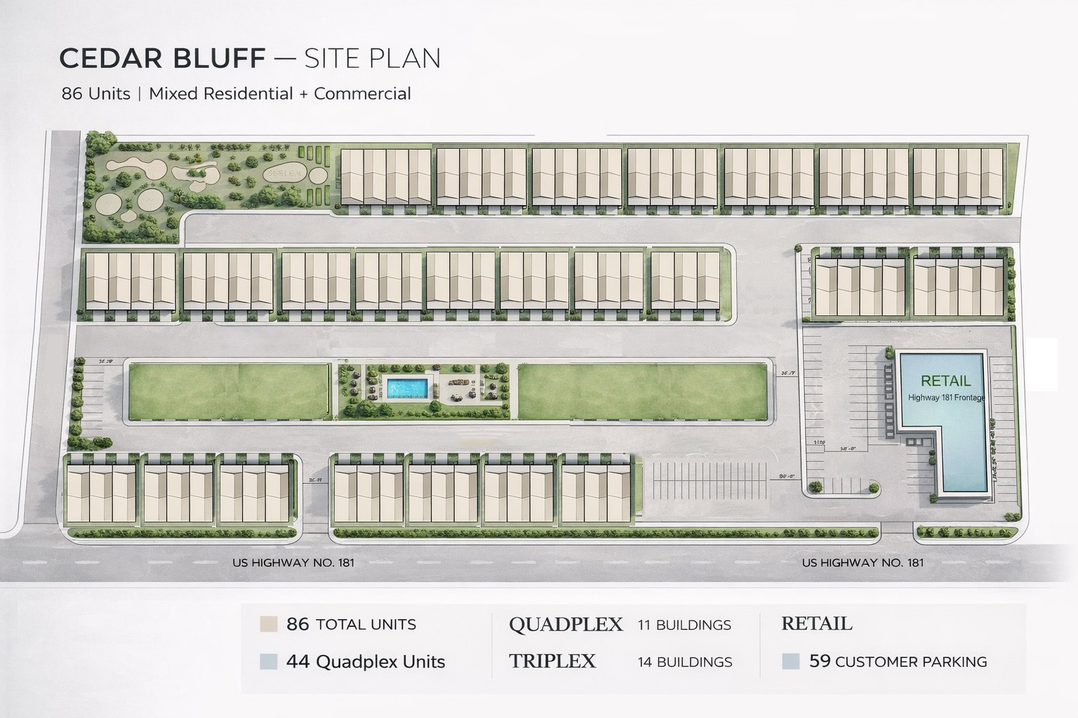 Cedar Bluff Site Plan — 86 Units, Quadplex + Triplex + Retail
